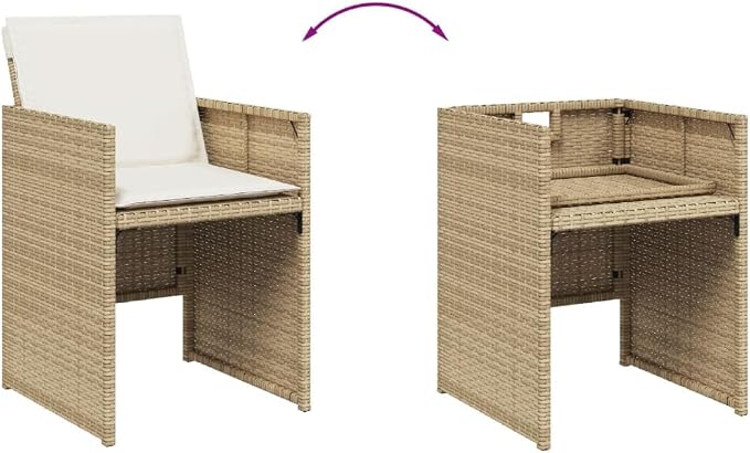 9 Piece Patio Dining Set with Cushions Beige Poly Rattan Outdoor Table and Chairs for Garden Backyard Deck, Folding Space-Saving Seats with Tempered Glass Top, Removable Washable Cushion Covers