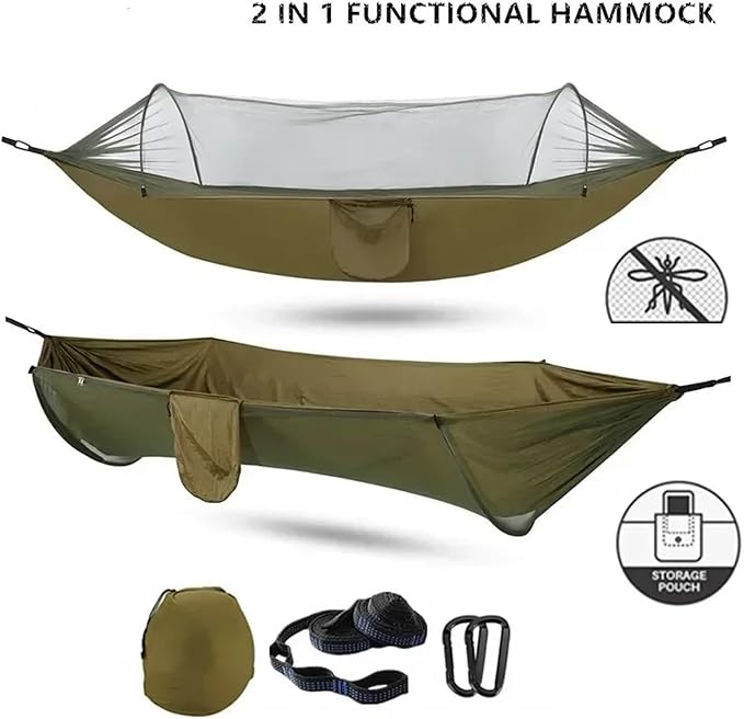 Hammock Camping Hammock with Mosquito Net Pop-Up Light Portable Outdoor Parachute Hammocks Swing Sleeping Hammock Camping Stuff Quick-Opening(Army Green-6 Rings)