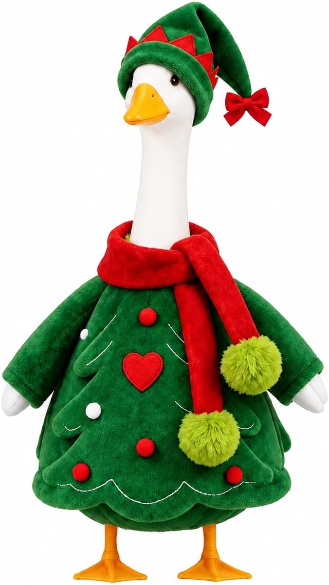 STONESTAR Christmas Porch Goose Outfits for 23" Goose Statue, Xmas Tree Goose Plush Clothes with Elf Hat & Pom Pom Scarf, Festive Outdoor Yard Garden Christmas Santa Holiday Decor