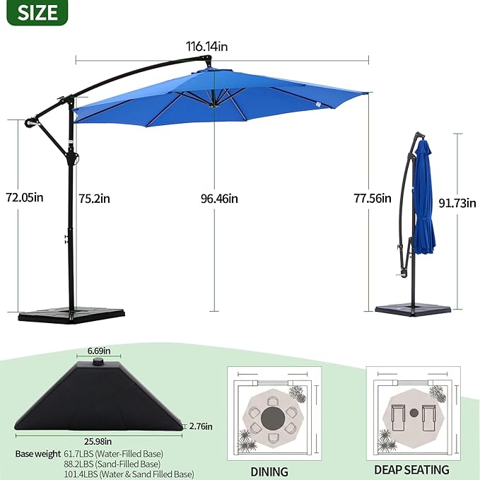 10FT Patio Umbrella, Offset Cantilever Outdoor Patio Table Umbrella, UV Protection, Fade Resistant Fabric, Easy Tilt Adjustment for Pool, Deck, Garden, Backyard
