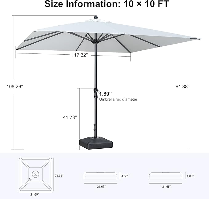 PURPLE LEAF 10' x 10' Square Patio Market Umbrella with Base Outdoor Table Umbrellas Aluminum Frame Sun Shade with 8 Sturdy Ribs for Garden Deck Lawn Pool White
