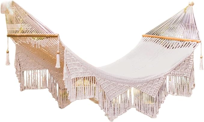 Handwoven Nicaraguan Cotton Rope Hammock with Wooden Spreader Bars with Tropical Decorative Trim