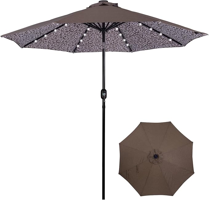 Backyard Expressions 9FT Solar Patio Umbrella with 32 LED Lights, UPF50+ UV Protection, Fade-Resistant Fabric, Easy Tilt & Crank, Outdoor Umbrella for Patio, Deck & Pool (Base Not Included)