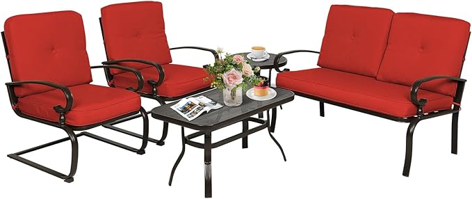 Oakcloud 5Pcs Metal Outdoor Furniture Patio Conversation Set (Loveseat, Coffee Table and Bistro Table, 2 Spring Chair) -Wrought Iron Patio Chair Set with Cushions (Red)