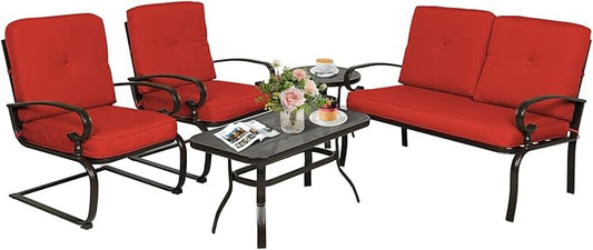 Oakcloud 5Pcs Metal Outdoor Furniture Patio Conversation Set (Loveseat, Coffee Table and Bistro Table, 2 Spring Chair) -Wrought Iron Patio Chair Set with Cushions (Red)