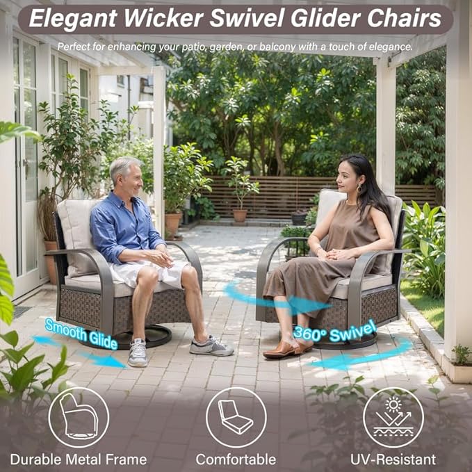 Outdoor Swivel Rocker Patio Chairs Set of 2, Heavy Duty Swivel Rocking Patio Chairs with Wide Metal Armrests, 2 Pieces Patio Furniture Wicker Glider Chairs Set with Removble Cushions for Porch Sunroom