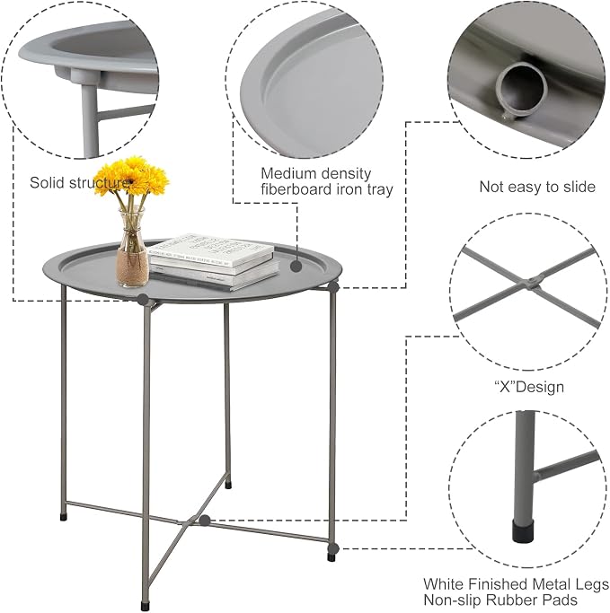Garden 4 you End Table Metal Side Table Grey Round Folding Tray Cyan Sofa Small Accent Fold-able Table, Round End Table Tray, Next to Sofa Table, Snack Table for Living Room and Bed Room