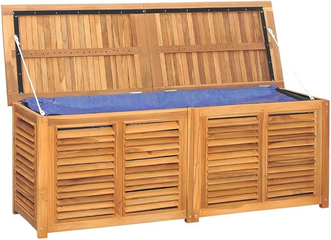 Teak Garden Storage Box Outdoor 59"x59"x22", Solid Teak Wood Deckbox for Patio Cushions & Tools, Louvered Doors Ventilated Brown Outdoor Storage Bench for Backyard, Porch and Balcony