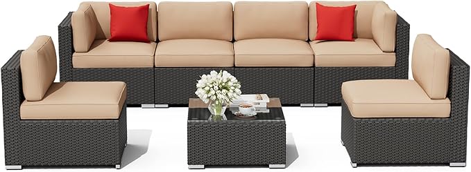 Oakcloud 7-Piece Outdoor Patio Furniture Sofa Set Black Rattan Wicker Sectional Conversation Sets with Glass Top Table and Cushions(Brown)