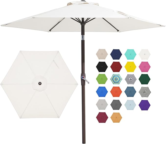 JEAREY 7.5FT Patio Umbrella Outdoor Market Umbrella with 6 Sturdy Ribs, Push Button Tilt/Crank Table Umbrella for Garden, Deck, Backyard and Pool, Cream White