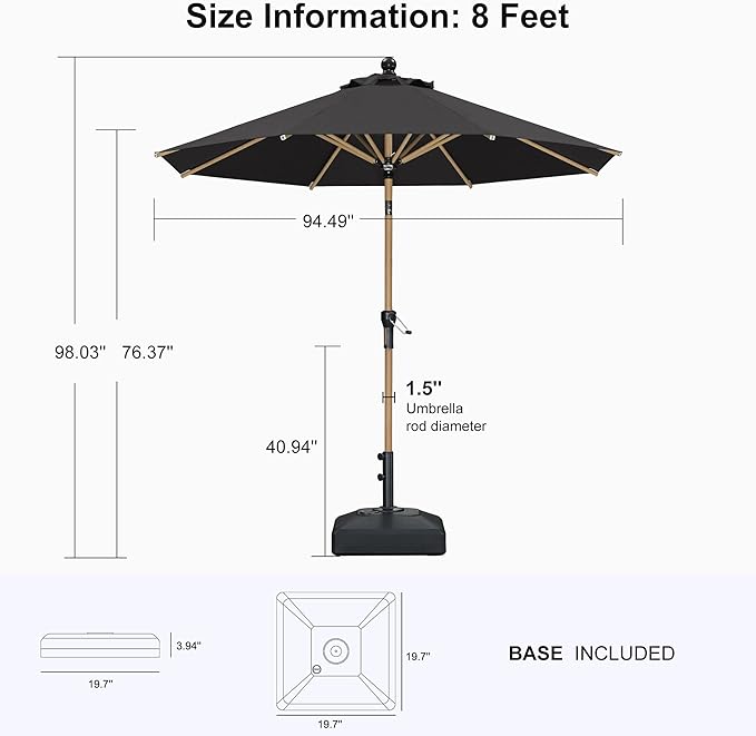 PURPLE LEAF 8 Feet Patio Umbrella with Base Market Umbrella Outdoor Umbrella with Push Button Tilt & Crank and 8 Ribs Round Aluminum Table Umbrella for Pool Backyard Beach, Black