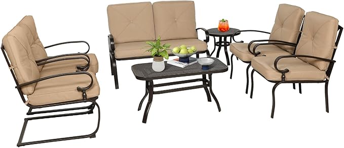 Oakcloud 7Pcs Metal Outdoor Furniture Patio Conversation Set (Loveseat, Coffee Table and Bistro Table, 2 Spring Chair, 2 Dining Chair) -Wrought Iron Patio Chair Set with Cushions (Brown)