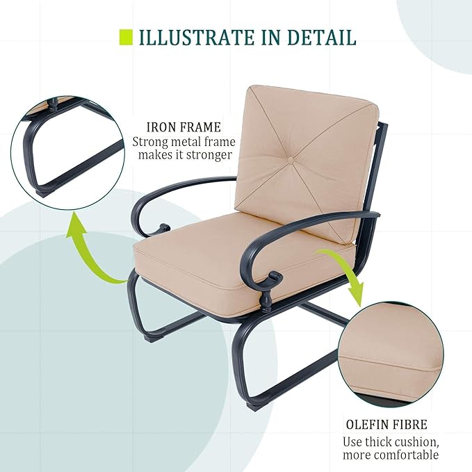 4 Pcs Outdoor Wrought Iron Furniture Patio Conversation Set with Glider Loveseat, 2 Spring Chairs, and Coffee Table (Brown)