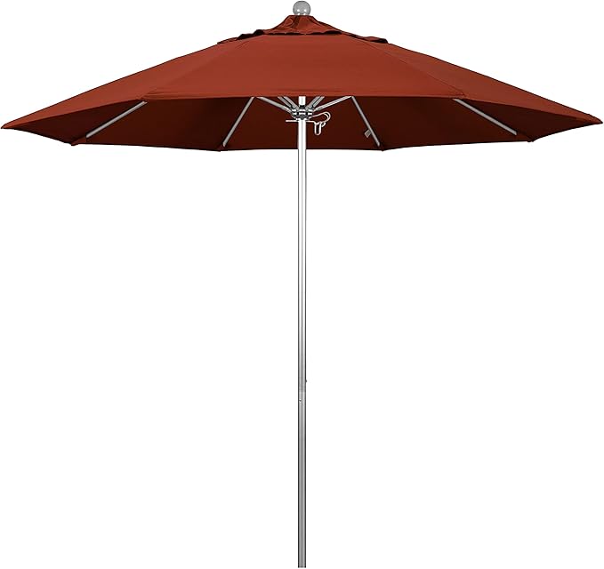 California Umbrella 9' Round Aluminum/Fiberglass Umbrella, Push Open, Silver Pole, Sunbrella Terracotta