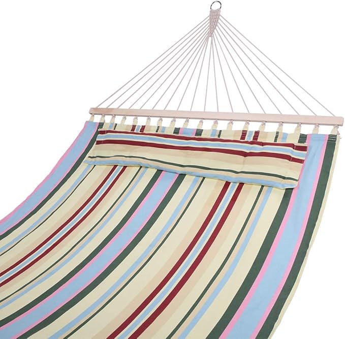 HomVent 2 Person Hammock Swing, Portable Double Hammock Bed Camping Hammock with Wooden Poles for Outdoor Patio Backyard Poolside (Printing Beige)