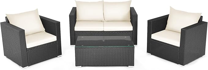 COSTWAY 4-Piece Patio Rattan Furniture Set, Cushioned Sofa Chair, Loveseat and Coffee Table with Tempered Glass Top, Outdoor Conversation Sets for Garden Poolside Balcony Porch (White)