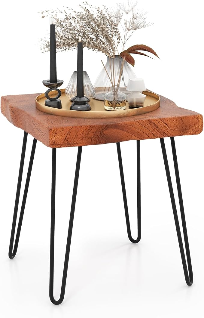 Giantex Teak Wood End Table, Solid Live Edge Outdoor Side Table w/Natural Grain & Heavy-Duty Metal Legs, Rustic Plant Stand for Living Room Patio Balcony, 16" x 16" x 18" (1, Square)