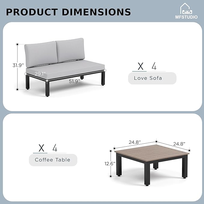 MFSTUDIO 8 Pieces Patio Furniture Set with 10ft 3 Tier Auto-tilt Umbrella,Outdoor Metal Frame Patio Sectional Sofa Conversation Set with 4 Coffee Tables&Removable Cushion for Backyard,Garden,Poolside