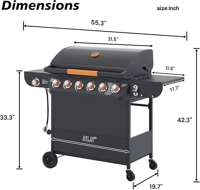 6-Burner Propane Gas BBQ Grill with Side Burner, 72,000 BTU Stainless Steel Barbecue Grill with Cast Iron Grates and Side Table for Outdoor Cooking Kitchen Patio