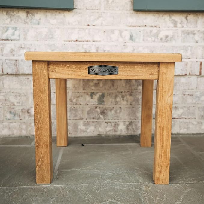 TITAN GREAT OUTDOORS Ash & Ember Sierra Grade A Teak End Table, 18" Tall Outdoor Hand-Sanded Accent Table, 19.75"x19.75" Slated Tabletop, Solid Brass Hardware