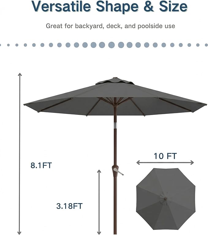 PatioKingdom 10FT Patio Umbrella with Push Button Tilt and Crank, Outdoor Market Umbrella with 8 Fiberglass Ribs, UV Protection Table Umbrella for Pool,Backyard,Garden,Deck