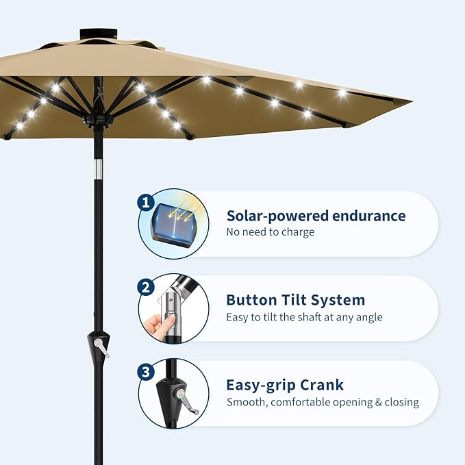 Garvee 9/10 FT Solar Patio Umbrella with 32 LED Lights - Outdoor Table Umbrella with Crank Lift, Push Button Tilt and 8 Sturdy Ribs - Market Umbrella UV Protection for Pool, Deck, Yard, Garden