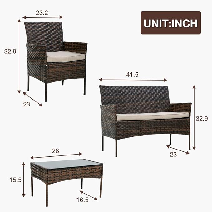 PayLessHere Patio Furniture 4 Pieces Outdoor Indoor Use Rattan Chairs Wicker Conversation Sets for Backyard Lawn Porch Garden Balcony,Brown