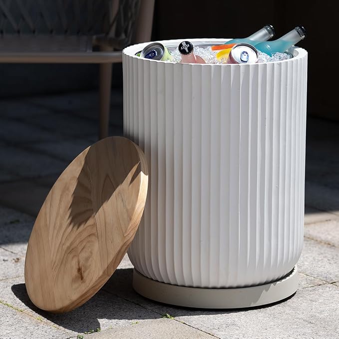 Outdoor Cooler Side Table with Wheels, Patio Table with Stainless Steel Ice Chest Storage Bucket, Designed for use as Party Side Table, Patio Decor for Pool Garden, White