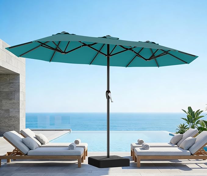 AreShark 15ft Patio Umbrella with Base, Double Sided Outdoor Umbrella with 12 Fiberglass Ribs, Large Outdoor Umbrella for Garden, Pool, Deck, Backyard & Market, Lake Blue
