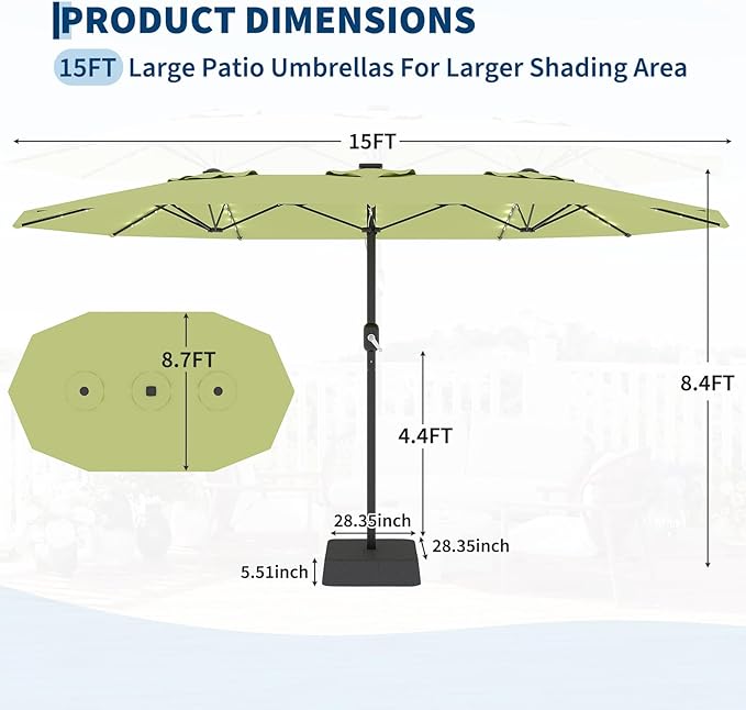 Garvee 15FTt Rectangular Patio Umbrella with Solar Lights & Base Included - Large Patio Umbrella with Crank Handle 48 LED Lights, UV Protection for Outdoor Market, Backyard, Deck, Poolside, Lime Green