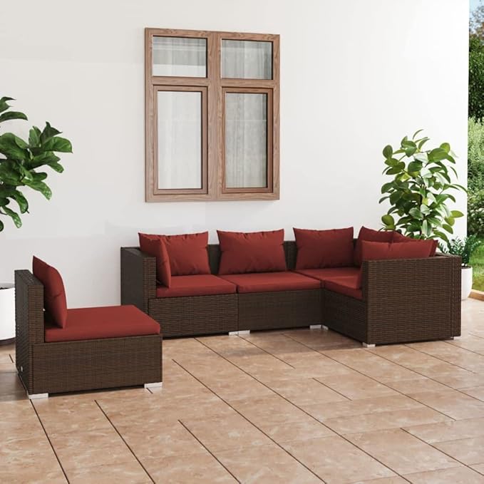 5 Piece Patio Lounge Set with Cushion, Patio Lounge Set Furniture Conversation Sets Piece Patio Set Outdoor Patio Sectional s Poly Rattan Brown
