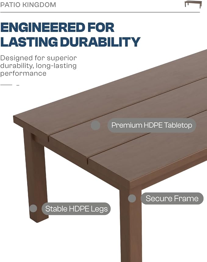 43.9" HDPE Outdoor Coffee Table (Brown) | All-Weather HDPE, Easy Assembly, Low-Maintenance, Large Tabletop, For Patio Deck Poolside Backyard Use