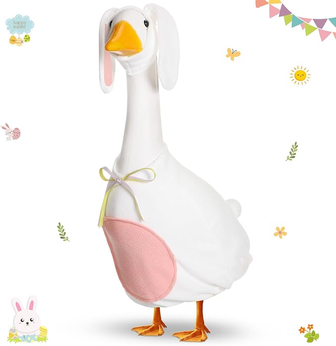 FuWeave Goose Outfit for 17" Baby Goose Lawn Porch Clothes for Outdoor Patio Yard Lawn Art Decoration (Pink White,17inch,Easter Bunny)