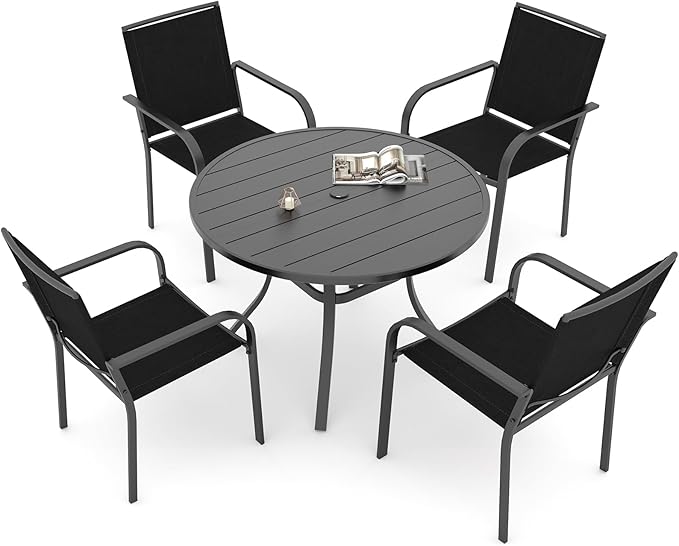 Anmutig 5 Piece Patio Table and Chairs Set, Outdoor Dining Set with 41 inch Round Table and 4 Stackable Black Chairs
