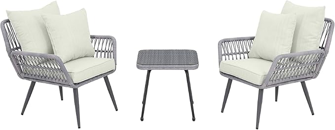 Manhattan Comfort Cannes 3-Piece Patio Conversation Set, Outdoor Furniture | Includes Modern Cushioned Rope Wicker Chairs & End Table, Removable & Washable Cushions, Tempered Glass Tabletop, Cream