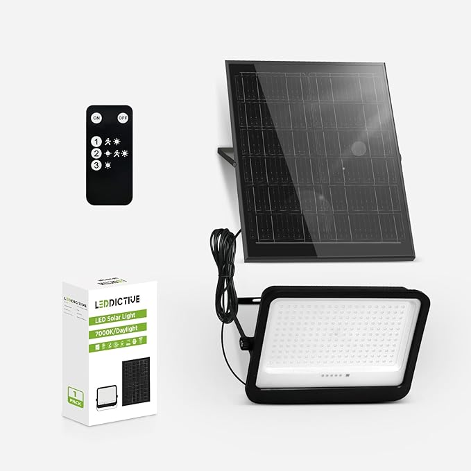 Leddictive LED Solar Lights Outdoor 7000K, 3500LM Solar Powered Flood Lights with 3 Modes, Dusk to Dawn Outdoor Lighting with Remote, IP65 Waterproof, 16.4 Ft Cable for Yard Garage Porch