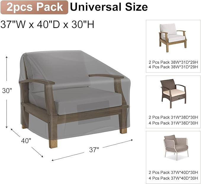 Patio Chair Covers Waterproof, Mrrihand Lounge Deep Seat Cover, Heavy Duty Outdoor Lawn Patio Furniture Covers (37" W x 40" D x 30" H - 2 Pack)