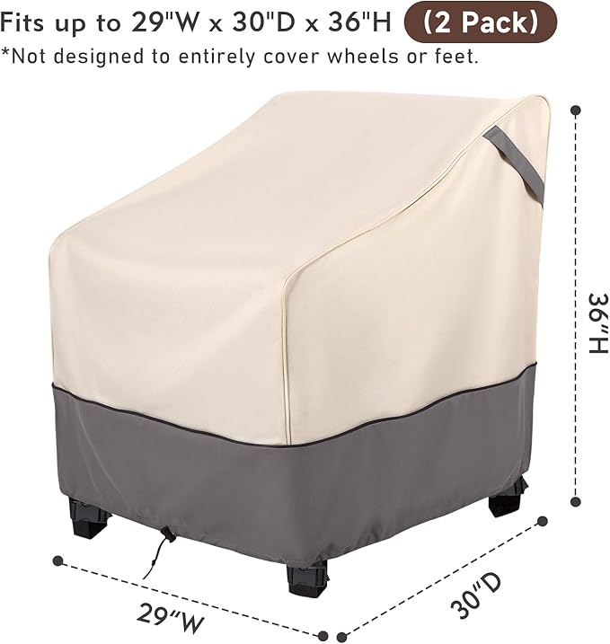 Waterproof Patio Furniture Chair Covers 2-Pack, Heavy Duty 600D Oxford Outdoor Protector for Deep Seat Chairs, UV & Wind Resistant All-Season Protection, 29"W x 30"D x 36"H (Beige/Grey)