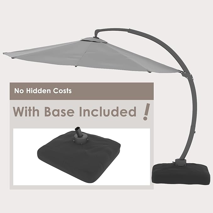 ENSTVER 11FT Cantilever Patio Umbrella With Base Included, Round Large Aluminum Outdoor Cantilever, Heavy Duty Offset Umbrella with 360°Rotation for Pool, Deck, Backyard, Garden(Grey)