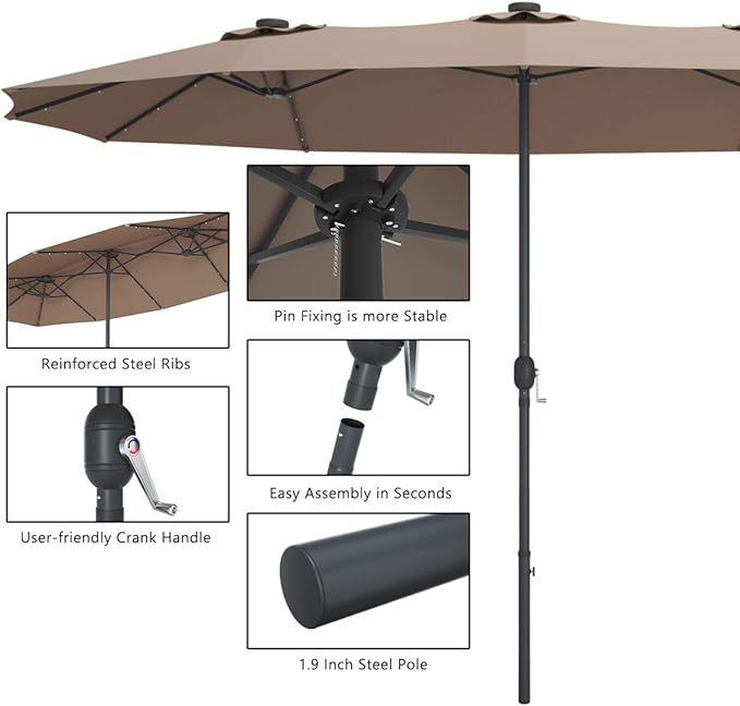 Tangkula 15 Ft Double Sided Patio Umbrella with Solar Lights, Extra Large Rectangle Outdoor Umbrella with 36 LED Lights & Crank Handle for Deck, Poolside, Garden, Backyard (Tan)