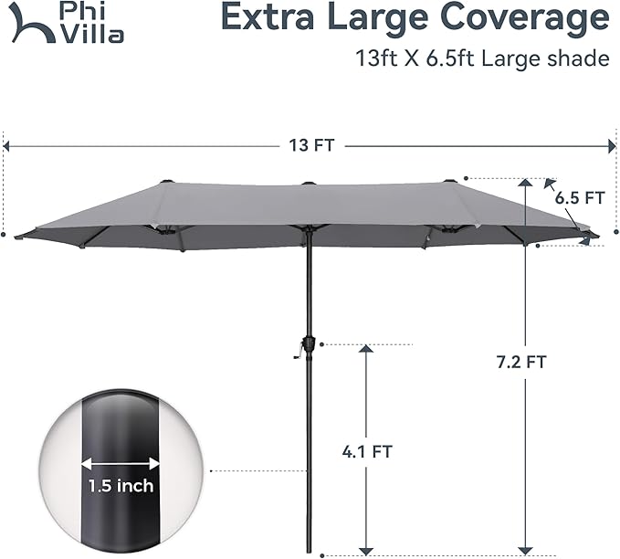PHI VILLA 13ft Large Patio Umbrellas, Double-Sided Outdoor Market Rectangle Umbrella for Outside, Light Gray