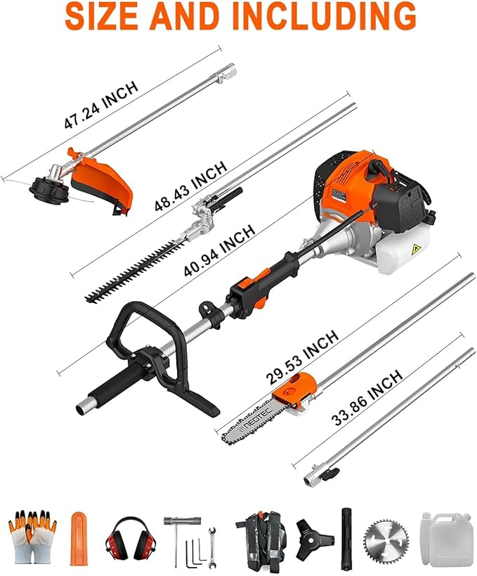 NEO-TEC 52CC 5 in 1 Gas Powered Weed Wacker, 2-Stroke Multi Functional Trimming Tools, Gas String Trimmer, Hedge Trimmer, Brush Cutter, Pole Saw Chainsaw Pruner with 31.5" Extension Pole