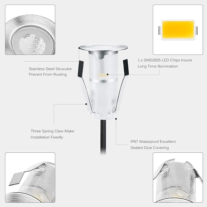 0.7" Tiny Recessed LED Deck Lighting Kits 12V Warm White Waterproof IP67,Led In Ground Lights for Steps,Stair,Patio,Floor,Pool Deck,Kitchen,Outdoor Low Voltage LED Landscape Lighting(20Pcs)