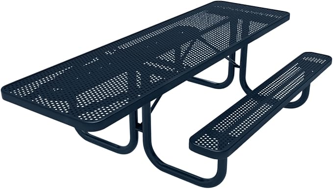 COATEDOUTDOORFURNITURE Heavy-Duty Portable ADA-Compliant Outdoor Picnic Table, Punched Steel Patio Furniture Made in America (8ft Rectangular, One-Side Handicap, Dark Blue with Dark Blue Frames)