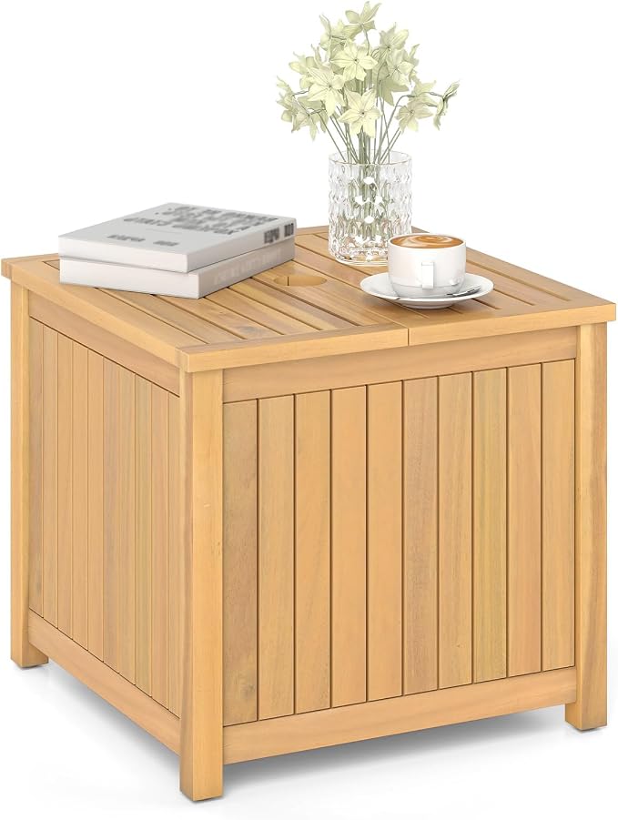 HAPPYGRILL Outdoor Side Table with Umbrella Hole, Acacia Wood End Table with Storage, Removable Base, Patio Storage Box for Backyard, Balcony, Poolside (Square)