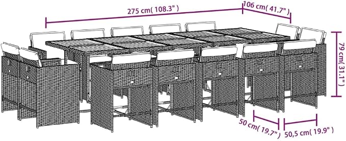 15 Piece Patio Dining Set, 14-Seater Outdoor PE Rattan Furniture with Acacia Wood Table and Cushioned Chairs, Space-Saving Cube Design for Garden Backyard