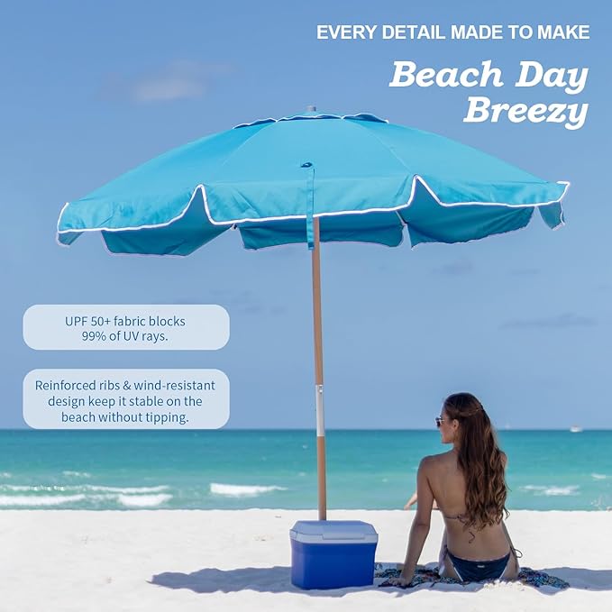 AMMSUN 7.5ft Heavy Duty HIGH Wind Beach Umbrella Commercial Grade Patio Beach Umbrella with Air Vent Ash Wood Pole & Carry Bag UPF 50+ Protection Lake Blue
