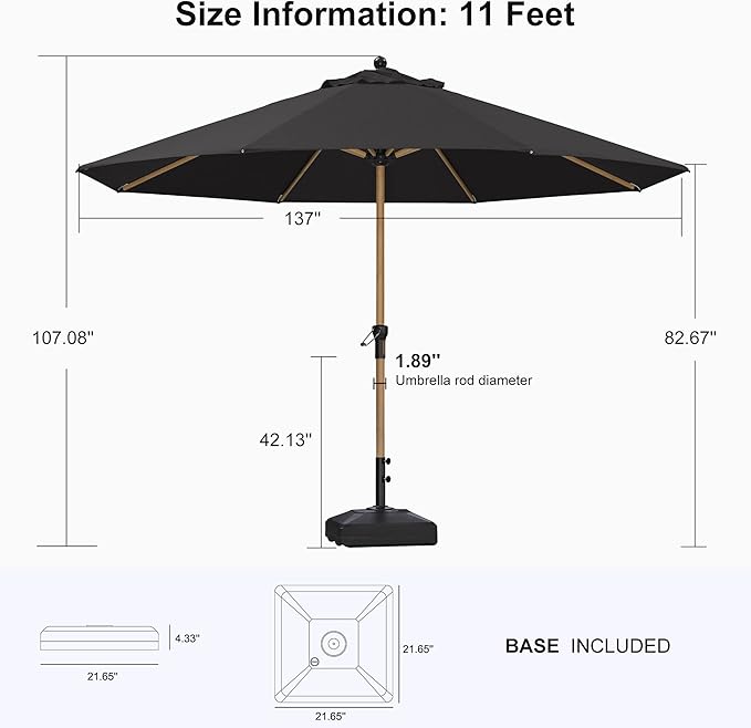 PURPLE LEAF 11 Feet Patio Umbrella with Base Outdoor Umbrella Market Umbrella with Crank & 8 Ribs Aluminum Round Table Umbrella Outdoor Patio for Backyard, Black