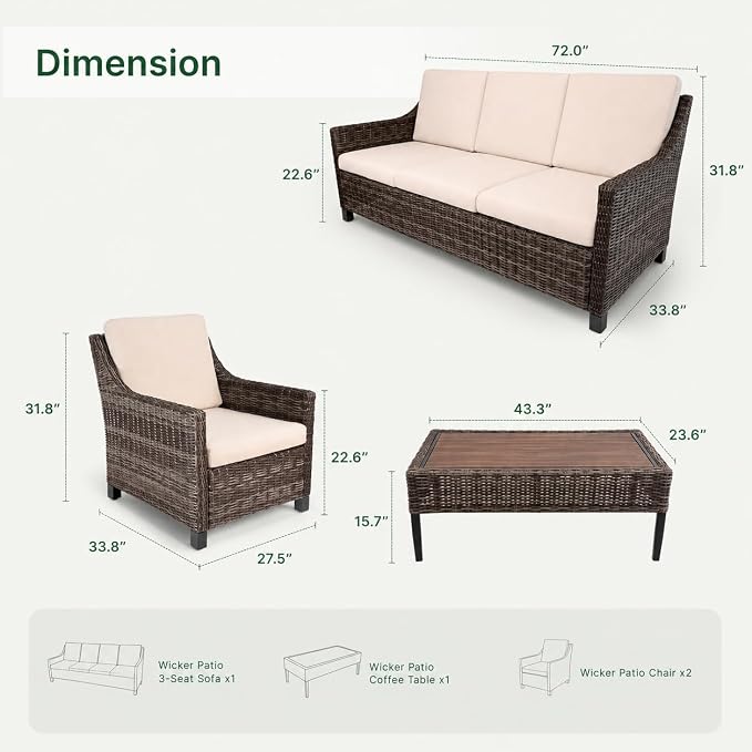 Wicker Patio Conversation Set, Outdoor Patio Chair Set with Deep Seating, Wide Armrests & Thick Cushions, All-Weather Outdoor Furniture Set for Patio, Porch, Deck & Backyard