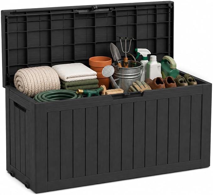 Outdoor Deck Patio Storage Box - 80 Gallon Resin Outside Storage Bin with Lid for Patio Cushions, Garden Tools, Pool Accessories & Backyard Toy Storage, Black